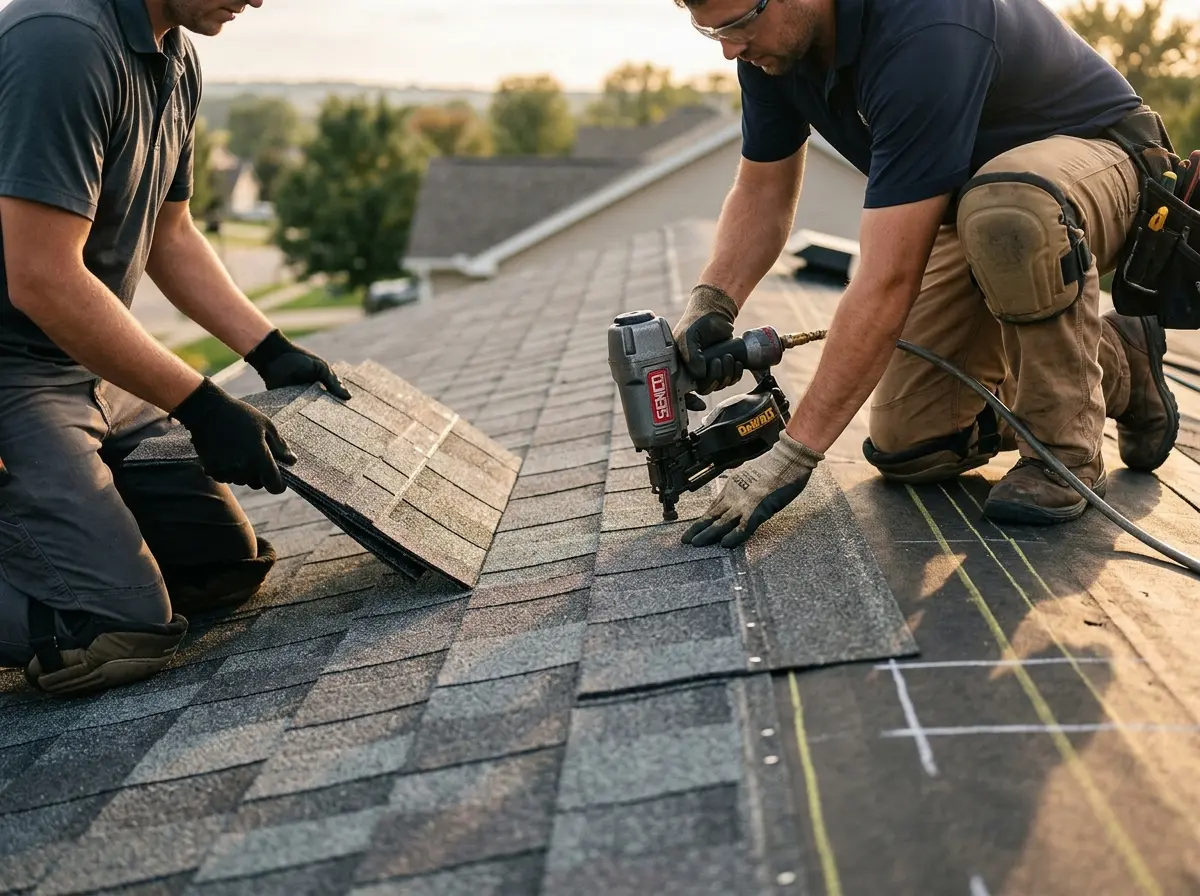 Professional roofer working on a residential roof in Glen Ridge